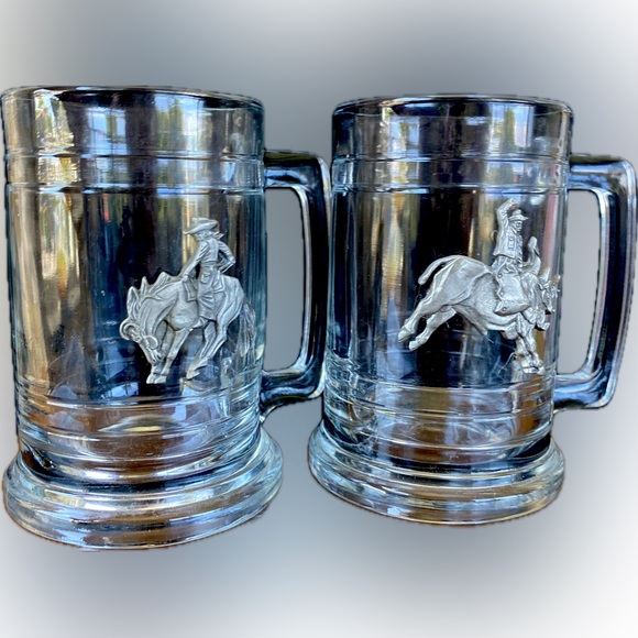 2 Glass Beer Mugs Steins Pewter Cowboy Horse Bull Rodeo Metalworks Pendleton - Picture 1 of 10